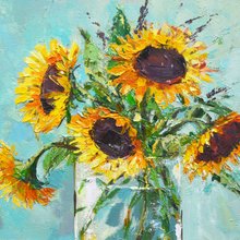 キャンバス油絵 キラ確認 お花と並んでおすまし華ちゃん キャンバス