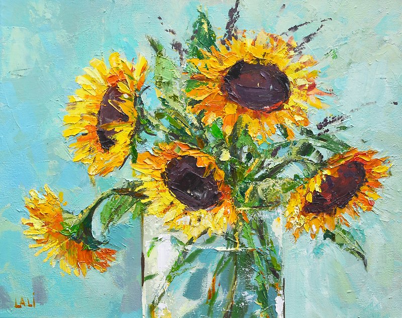 Original Oil Painting on canvas Impasto 30x24 Yellow Flower Sunflower Still Life - Illustration, Painting & Calligraphy - Other Materials Orange
