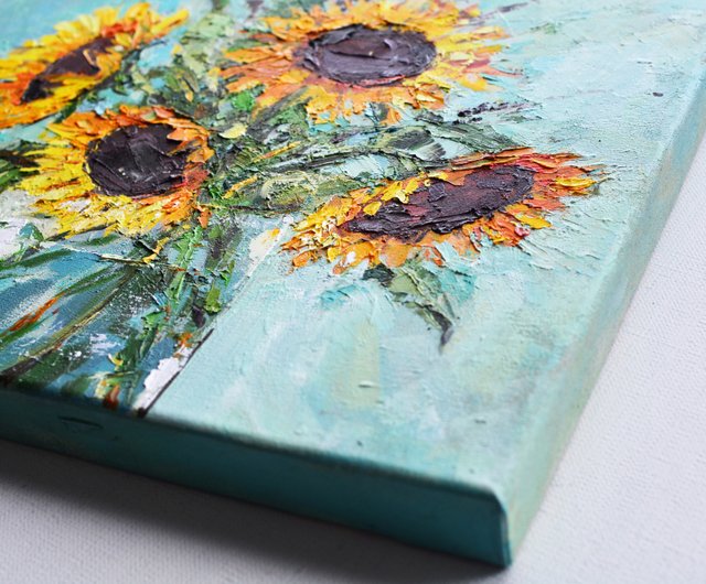 オリジナル油絵キャンバス厚塗り 30x24 黄色の花ひまわり静物画