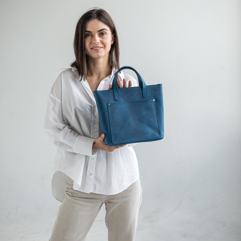 Electric Blue Leather Tote Bag for Everyday Use | Leather Women's Mini Tote Bag - กระเป๋าถือ - หนังแท้ สีน้ำเงิน