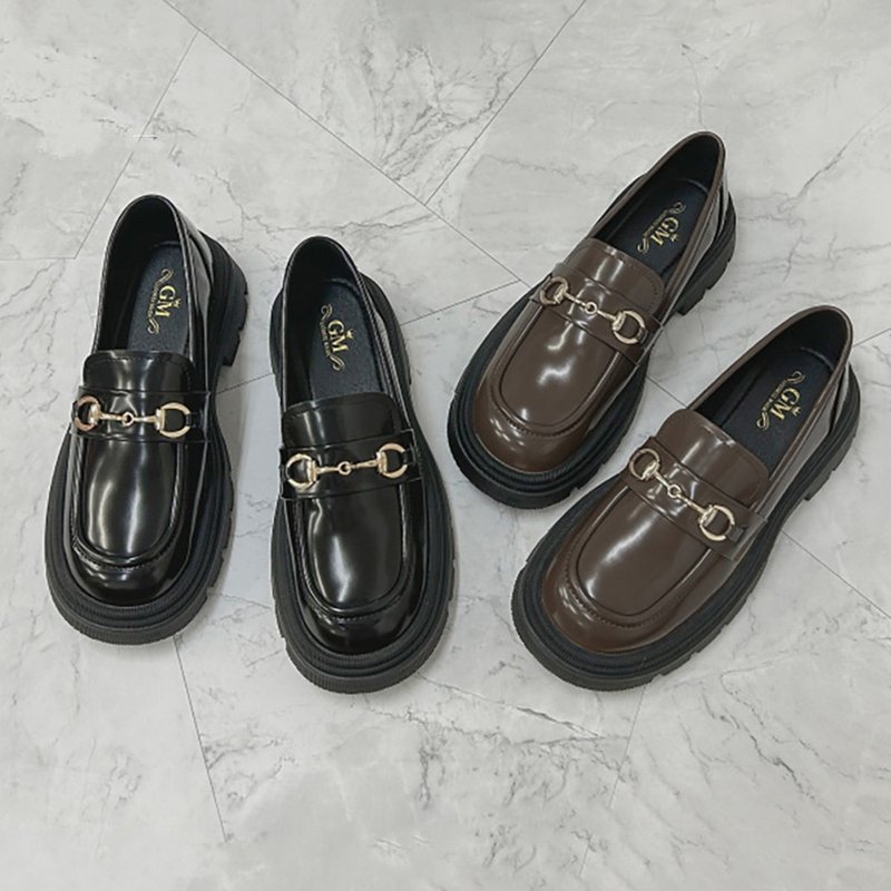 Three-dimensional stitching thick-soled loafers-black/coffee GM002 - รองเท้าอ็อกฟอร์ดผู้หญิง - หนังเทียม สีดำ