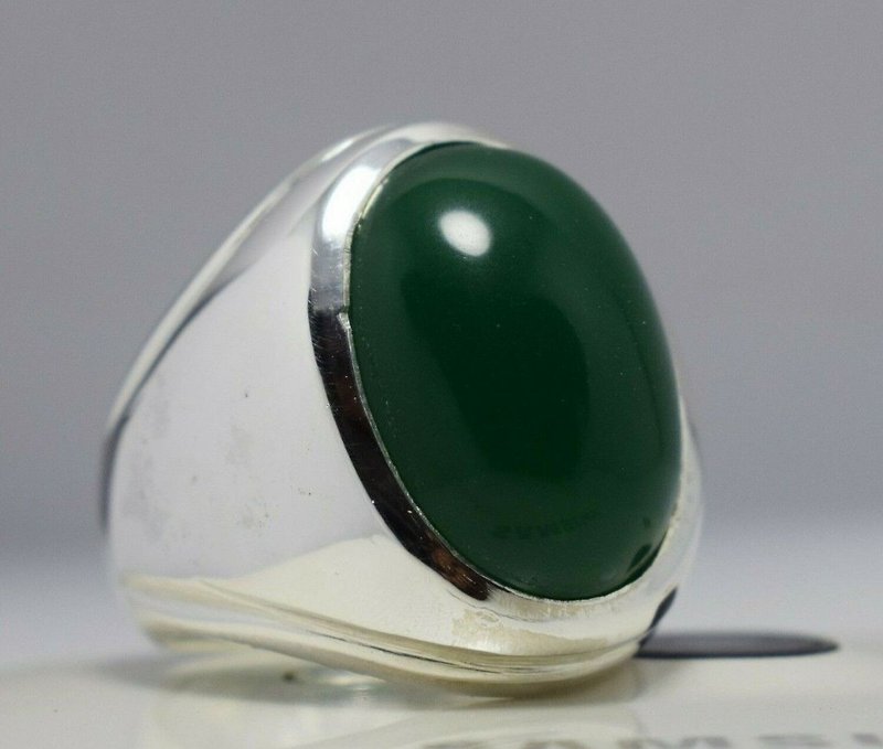 Dark Green Yemeni Aqeeq Agate Bague Shia Rings Handcrafted Ring Sterling Silver - แหวนทั่วไป - เครื่องเพชรพลอย สีเขียว
