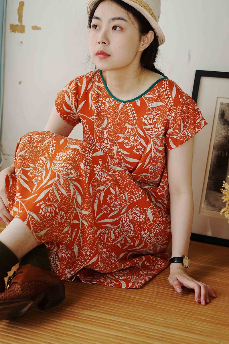 設計手作- 日式復古橘色系花卉夏日傘版洋裝上衣 - 連身裙 - 聚酯纖維 橘色