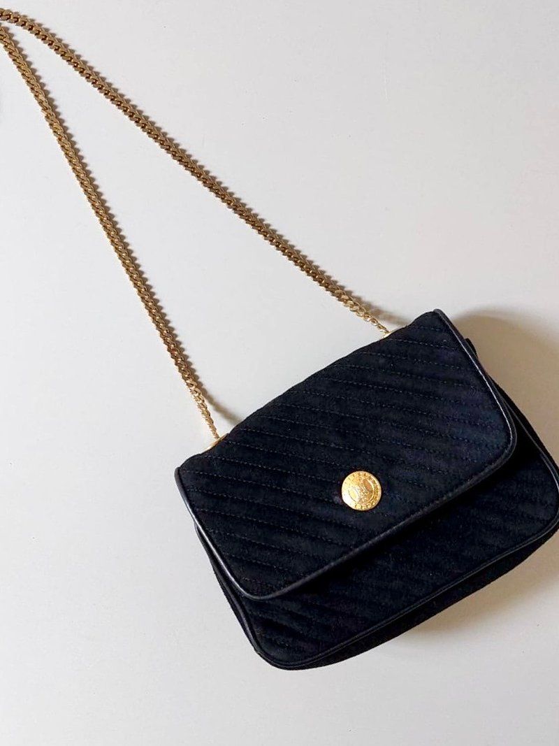 [LA LUNE] Second-hand Celine black gold emblem leather small bag cross-body shoulder bag - กระเป๋าแมสเซนเจอร์ - หนังแท้ สีดำ