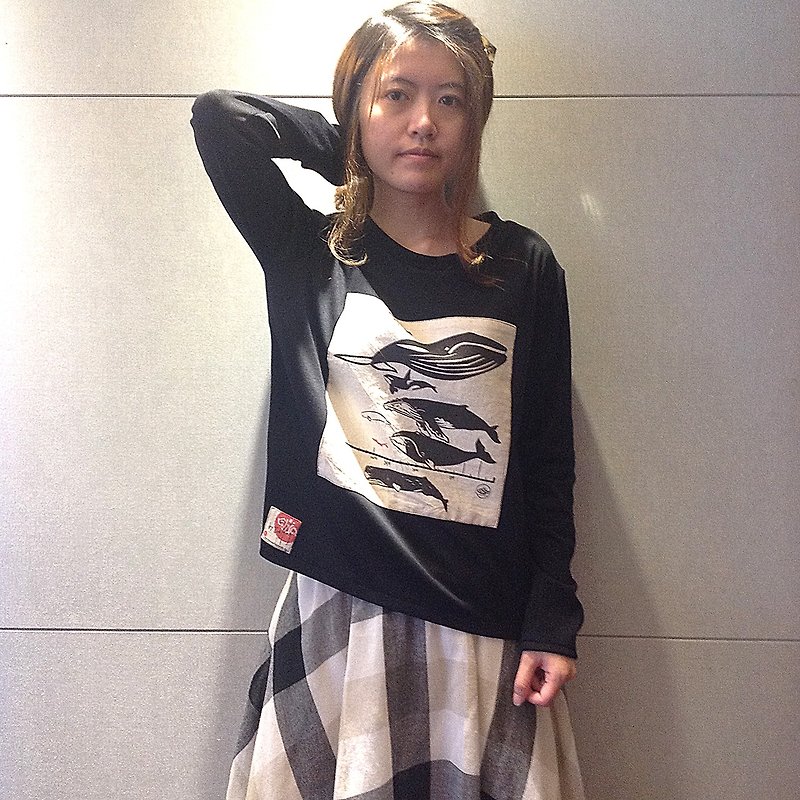 Design No.WH100 - 【Whale Diagram】Handmade Long Sleeve T-Shirts - Unisex Hoodies & T-Shirts - Cotton & Hemp Black