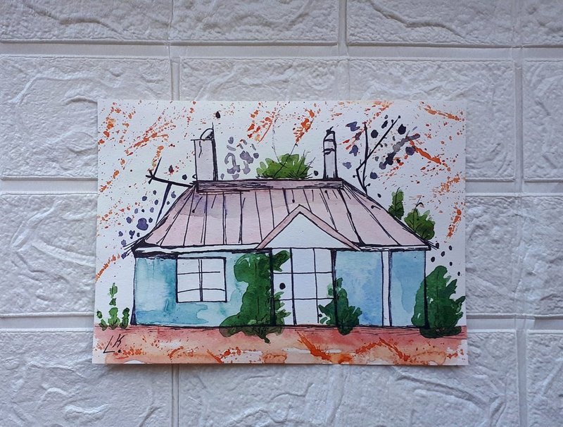 House With PInk Roof, Watercolor Painting, Artwork, Architecture, Art - 壁貼/牆壁裝飾 - 紙 多色