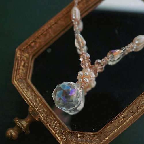 流光百貨 粉水晶珍珠項鍊vintage古董飾品項鍊