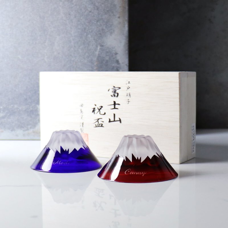 55cc (一對價)【日本田島硝子】富士山祝盃 結婚禮物 - 玻璃杯 - 玻璃 藍色