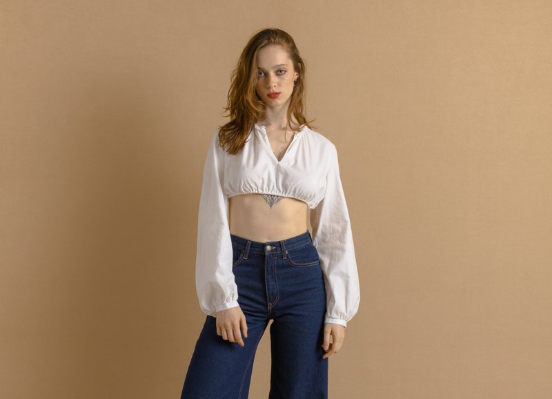 Austrian Bavarian Octoberfest Tyrol Cotton Embroidered Traditional Crop Top 7464 - 女上衣/長袖上衣 - 棉．麻 白色