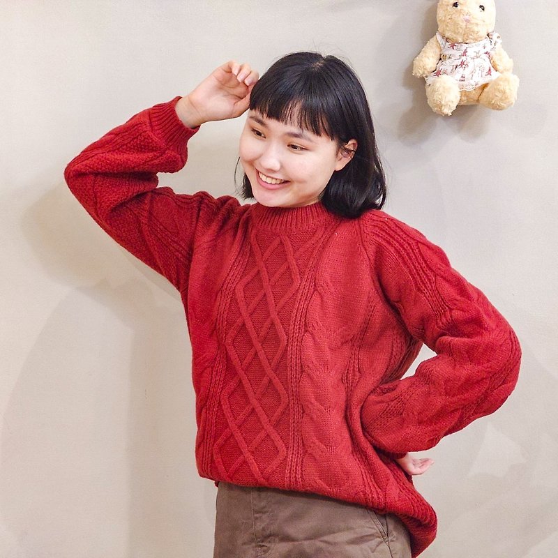 Japanese Chaoyang Red Rhombus Plaid Knit Top / Improve luck - เสื้อผู้หญิง - เส้นใยสังเคราะห์ สีแดง