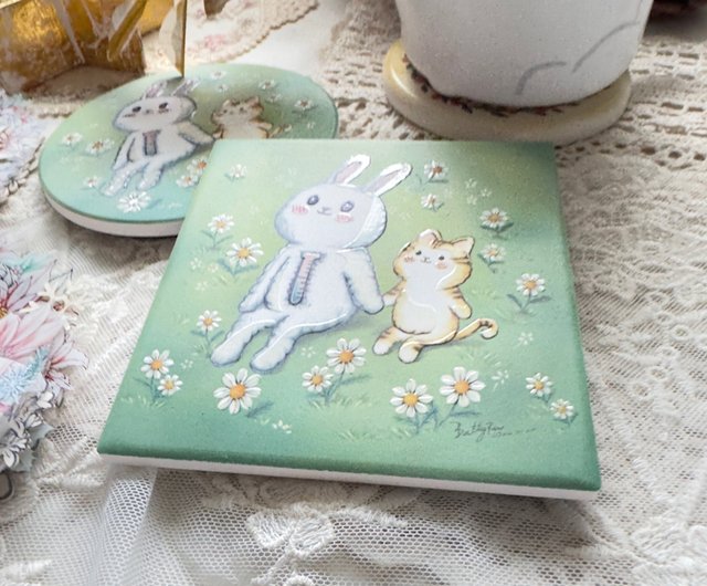 新品/ウサギとファガオの陶器製クリスタルクリアエンボス加工吸水性