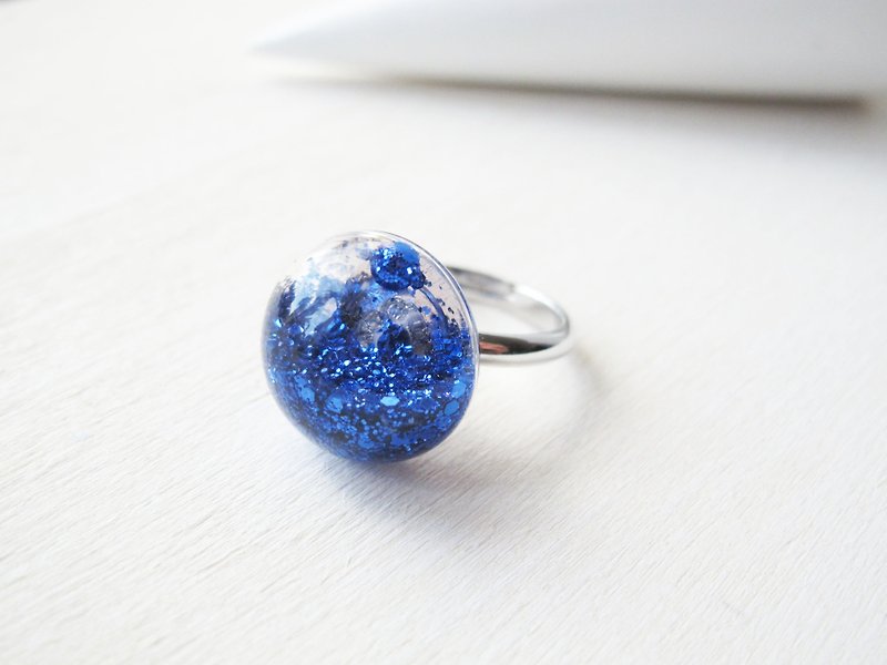 Rosy Garden Dark blue glitter round glass ring - General Rings - Glass Blue