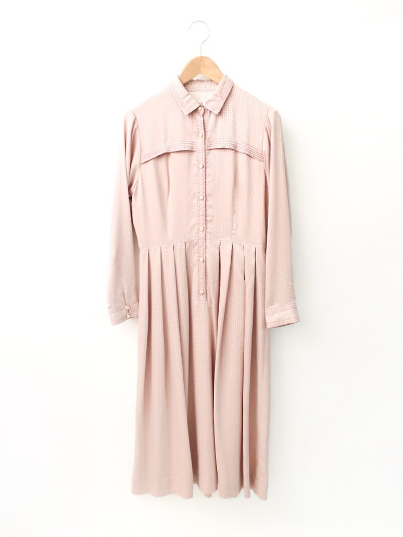 日本製復古裸粉色可愛格紋格子長袖古著洋裝 Japanese Vintage Dress - 洋裝/連身裙 - 聚酯纖維 粉紅色