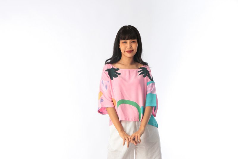 Abstract Cotton Rayon Kimono Blouse For Summer Beach Vacatio - 女上衣/長袖上衣 - 棉．麻 粉紅色