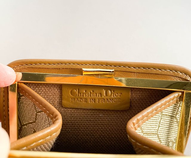 Christian Dior Vintage Monogram Canvas Fold Over Clutch Bag Beige Cream Gold