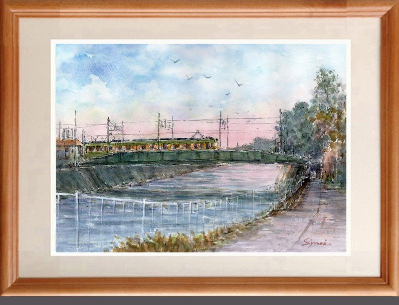 水彩画原画　江ノ電暮色・境川渡る - 海報/掛畫/掛布 - 紙 綠色