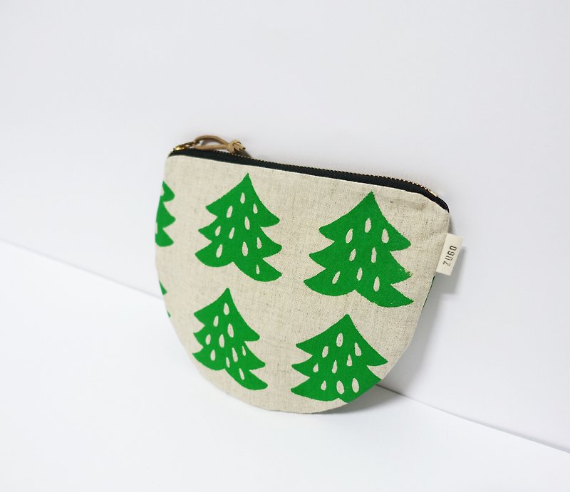 Screen printing Zipper bag Chinese fir - กระเป๋าใส่เหรียญ - ผ้าฝ้าย/ผ้าลินิน สีเขียว