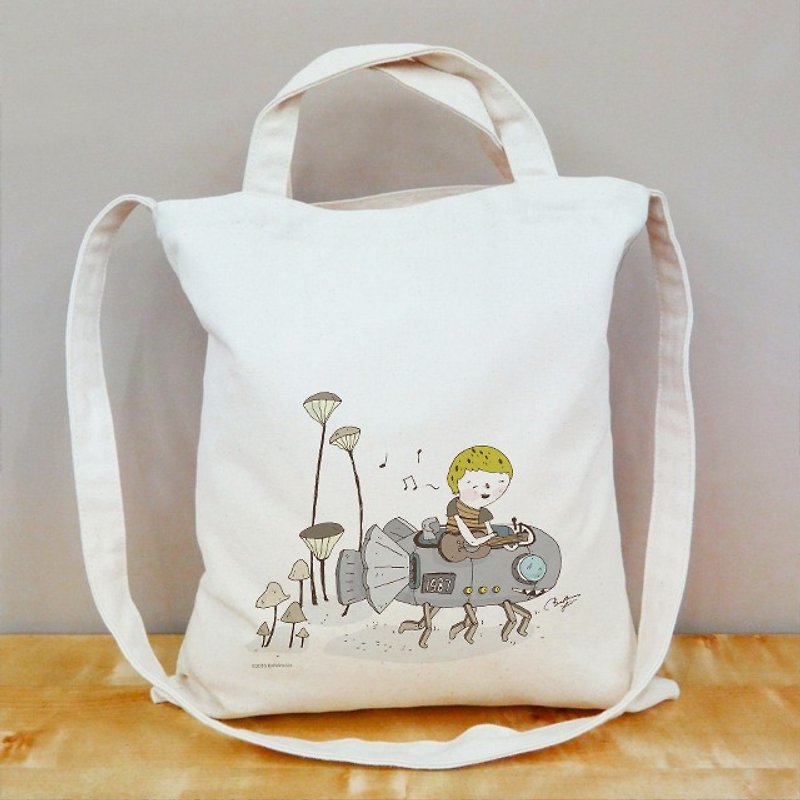 Illustrator BaNAna Ajiao happy in life details straight canvas bag - Clutch Bags - Cotton & Hemp Khaki