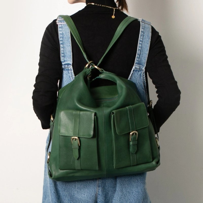 Backpack, cowhide leather, 2-way tote bag, shoulder bag, large size, large capacity, Japan, [Green] HAB008 - กระเป๋าเป้สะพายหลัง - หนังแท้ สีเขียว