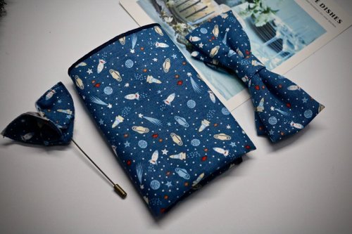 小可愛和小領帶 星火飛行器領結口袋巾胸針套裝/雅痞百搭休閒