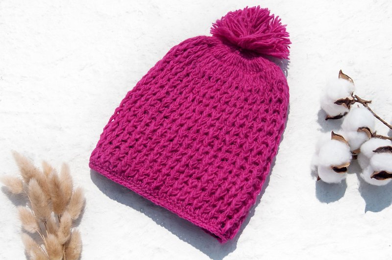 手織純羊毛帽/針織毛帽/內刷毛手織毛帽/手工針織毛線帽 -桃紅色 - 帽子 - 羊毛 粉紅色