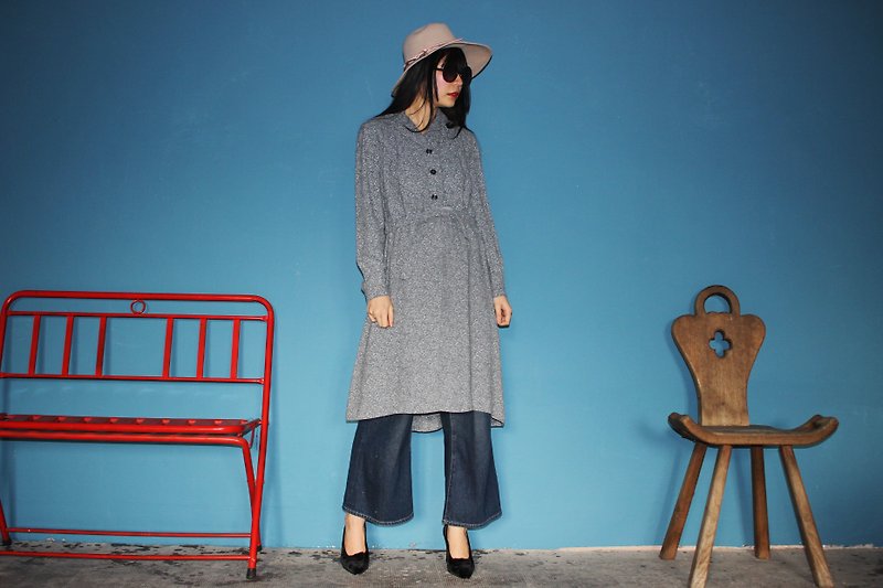 [Vintage dress] gray belt long-sleeved vintage dress F3138 (Christmas gifts Christmas exchange gifts) - One Piece Dresses - Cotton & Hemp Gray