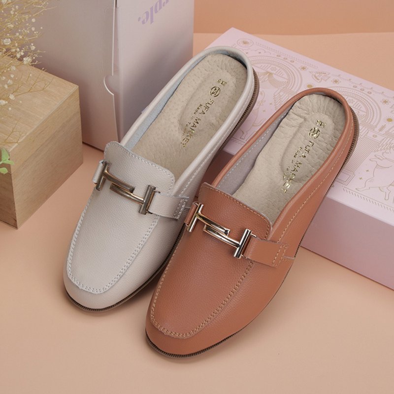 Leather T-buckle mules 1DR60 - รองเท้าบัลเลต์ - หนังแท้ สีนำ้ตาล