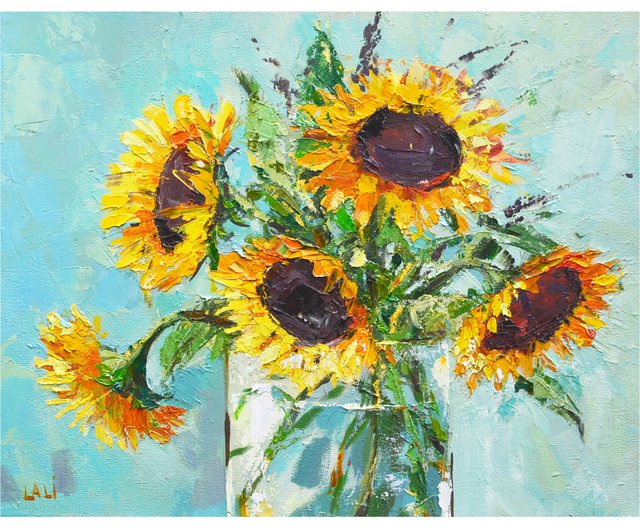 オリジナル油絵キャンバス厚塗り 30x24 黄色の花ひまわり静物画