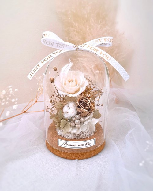 Dreams come true 永生花/乾燥花 永生花玻璃盅-璀璨白金 l 不凋花玻璃盅 日本玫瑰 情人節禮物