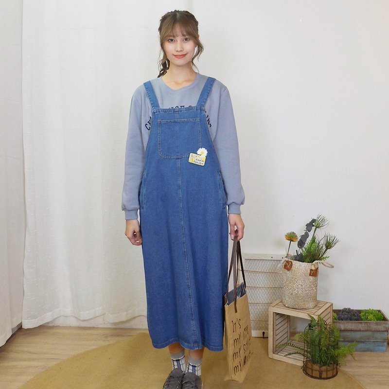 Hana Mokuba loose casual practical pocket denim suspender skirt - Skirts - Other Materials 