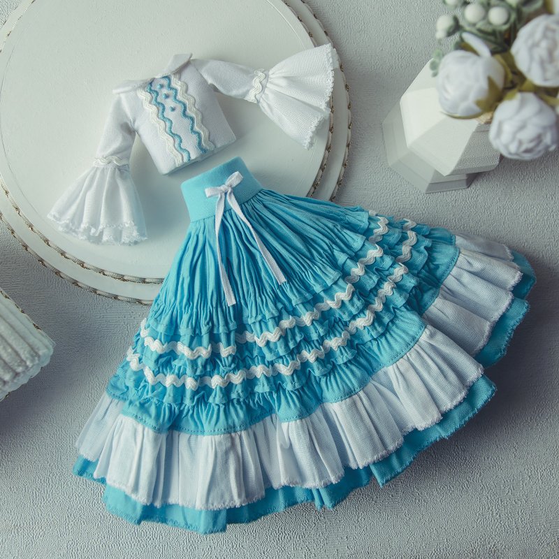 Vintage Blythe Skirt Set Handmade Cyan White Cotton doll 12 inch BJD - ตุ๊กตา - ผ้าฝ้าย/ผ้าลินิน สีน้ำเงิน