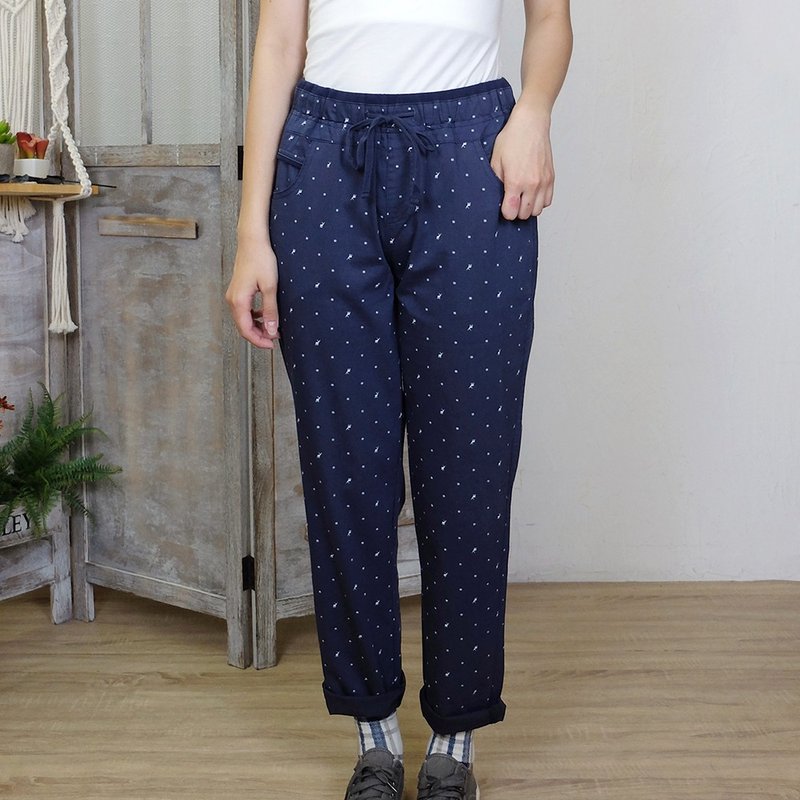 Hana Mokuba tie-up elastic waist all-over printed casual trousers - กางเกงขายาว - วัสดุอื่นๆ 