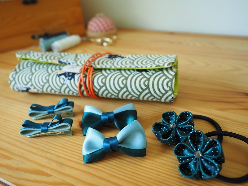 Handmade Hair accessory with bag (clip/ band/ corsage) - เครื่องประดับ - ผ้าไหม สีเขียว