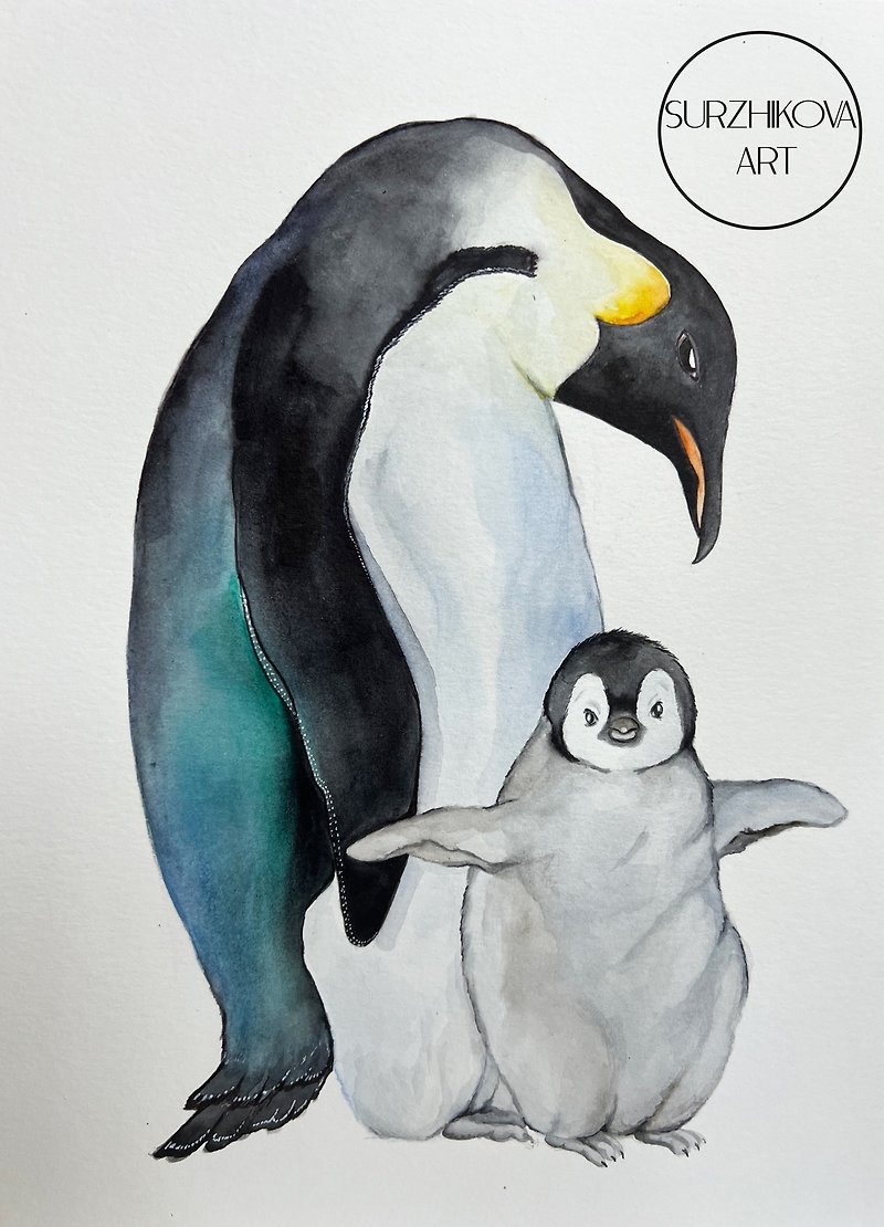 Sweet Imperial penguin family, original watercolor painting, 8x11inches - ตกแต่งผนัง - กระดาษ 