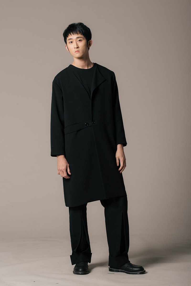 8 lie down_single lapel long coat - Men's Coats & Jackets - Polyester Black