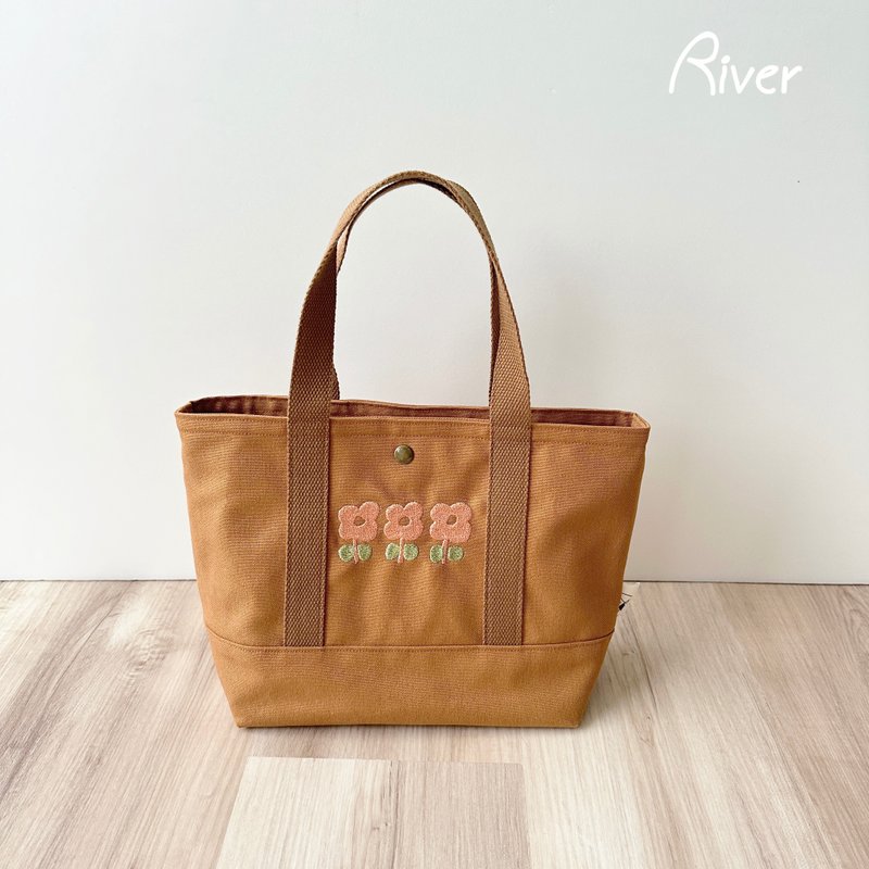 【River】Portable tote embroidered flower bag/red coffee - Handbags & Totes - Cotton & Hemp Brown