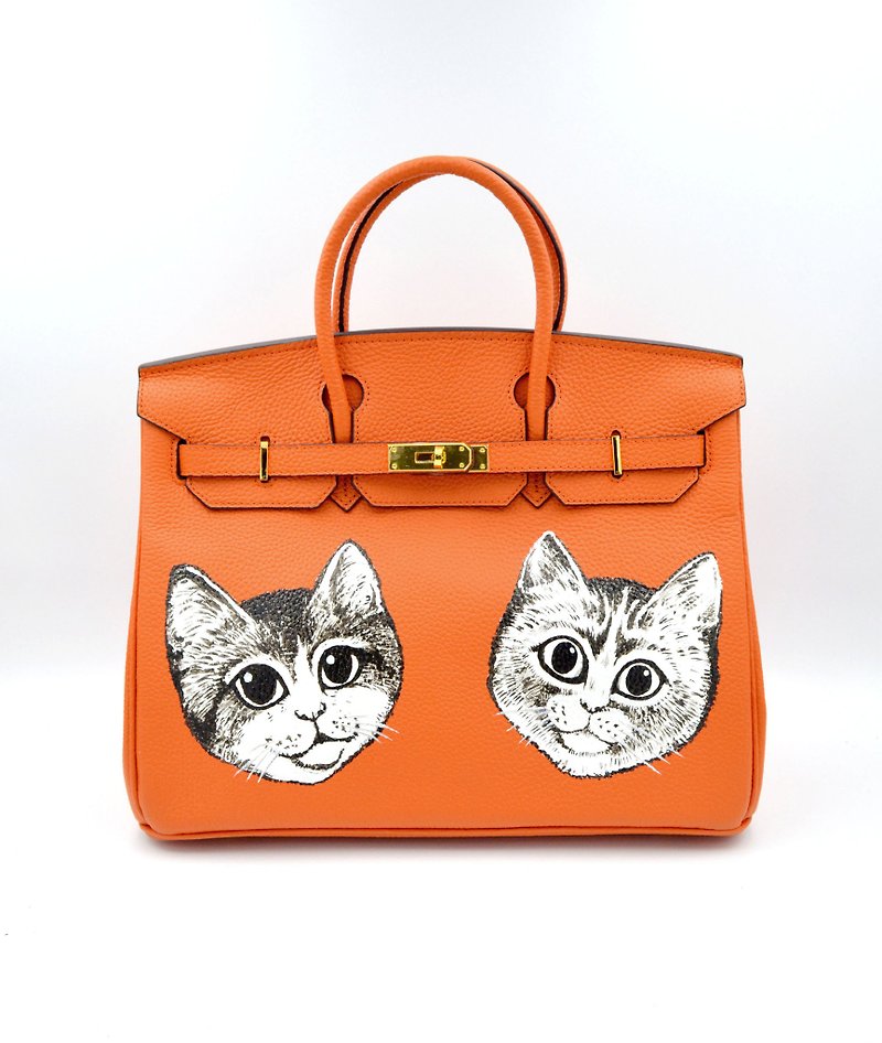 GOOKASO Orange Leather Cow Leather Handpainted Cat Hermes Birkin 35cm Platinum Bag Handbag - กระเป๋าถือ - หนังแท้ สีส้ม