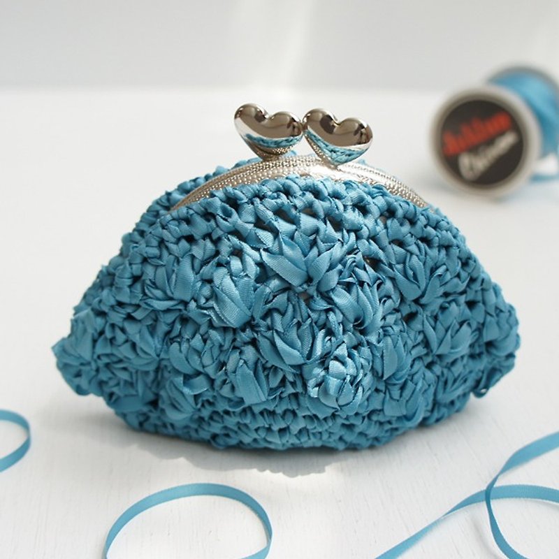 Ba-ba handmade☆ribbon yarn crochet coinpurse (No.C940） - ポーチ - その他の素材 ブルー