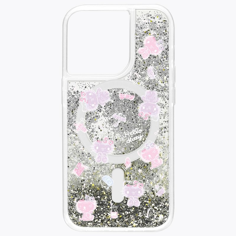 HelloKitty50th Anniversary-Limited Silver Quicksand Magnetic Version Anti-fall Case iPhone 15 14 13 - เคส/ซองมือถือ - วัสดุอีโค สีเงิน