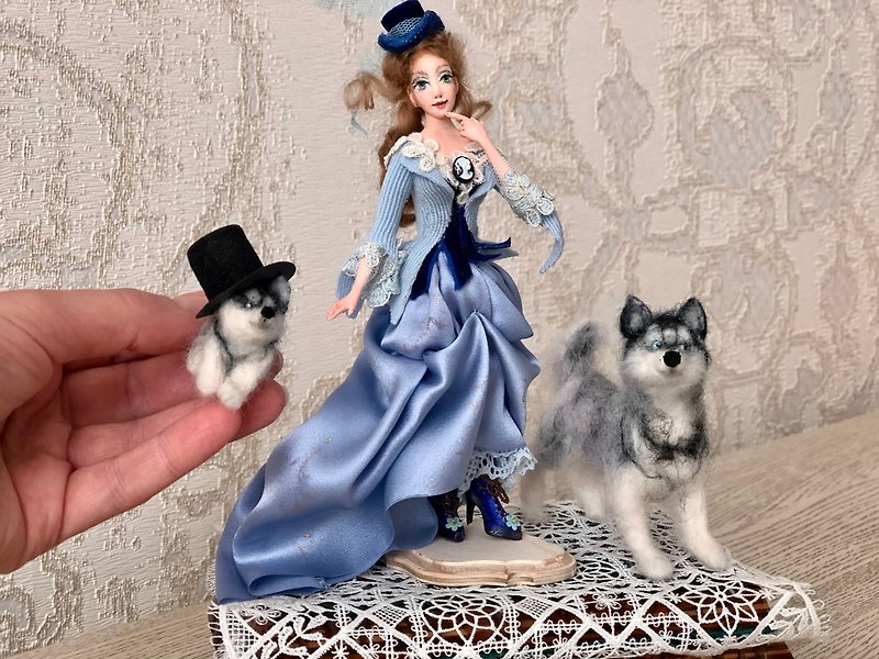 1/12ミニアート人形、犬と子犬を連れたハンター、人形の家。 - 人形・フィギュア - 金属 ブルー