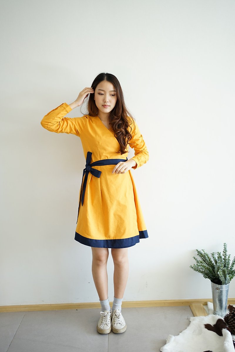 LOOKIN - cotton long sleeve wrap dress (yellow) - One Piece Dresses - Cotton & Hemp Yellow
