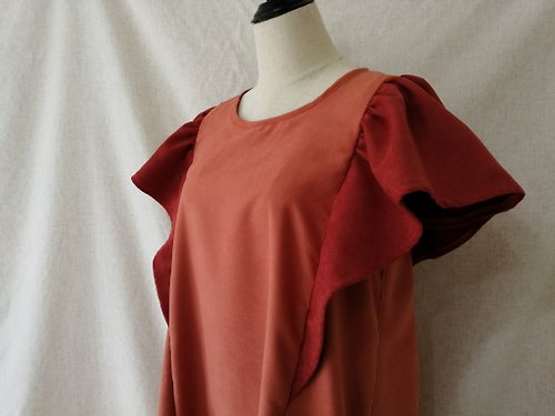 KAKI Designer Collection 橘紅荷葉袖絨面洋裝