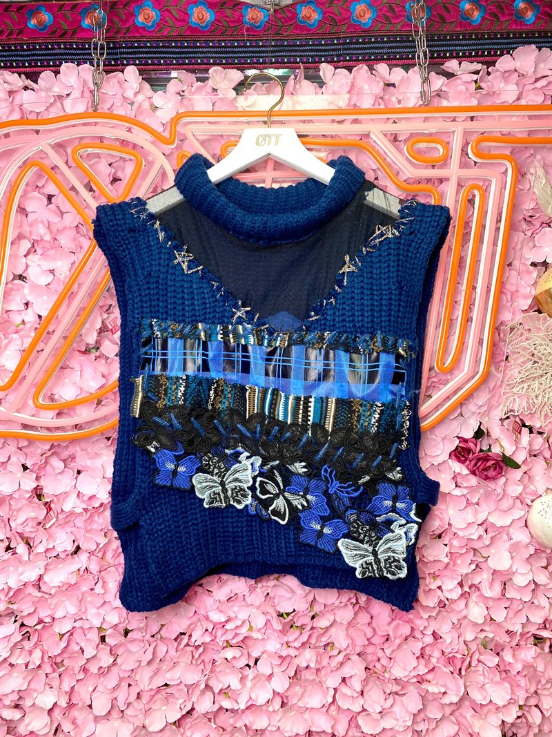 OTT獨一無二•Unique 藍色刺繡蕾絲jacquard格仔蝴蝶毛衣背心 - 女毛衣/針織衫 - 羊毛 藍色