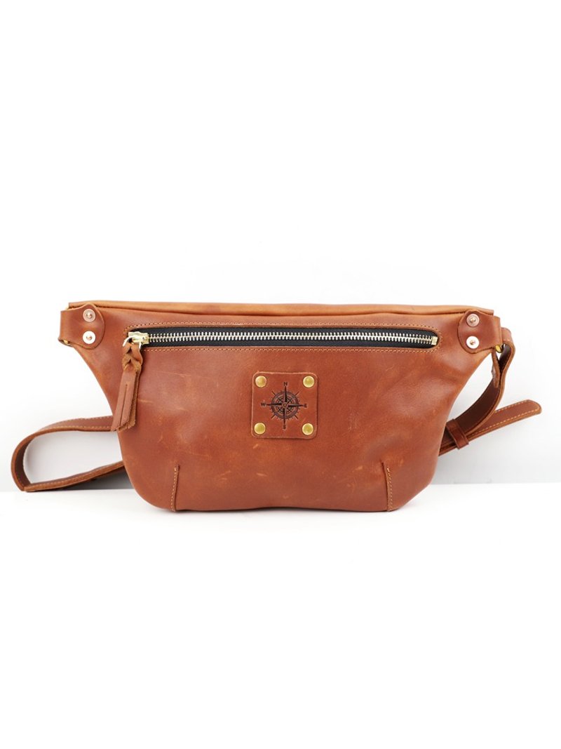 復古牛皮腰包 手工真皮胸前包側背包 斜跨單肩包 機車旅行運動 - 側背包/斜孭袋 - 真皮 咖啡色