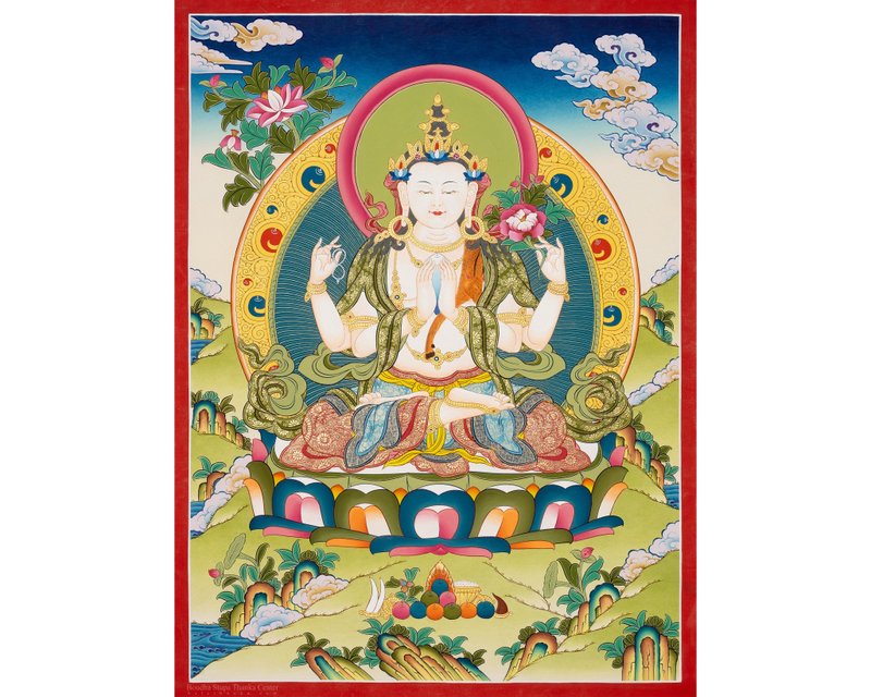 西藏唐卡畫布上的四臂觀音佛像家居祝福 玉墜 項鍊 平安扣 玉石 - 擺飾/家飾品 - 其他材質 多色