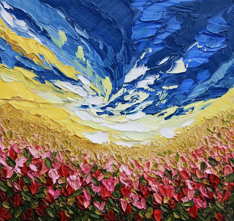 Meadow Painting Poppy Original Art Impasto Artwork Floral Landscape 25 by 25 cm - โปสเตอร์ - วัสดุอื่นๆ สีน้ำเงิน