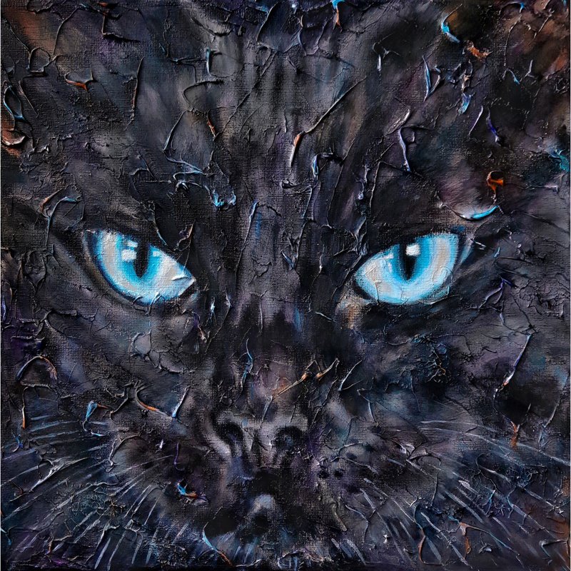 Black Cat Painting on Canvas Oil Art Portrait Original Collectible Wall Art - 壁貼/牆壁裝飾 - 其他材質 多色