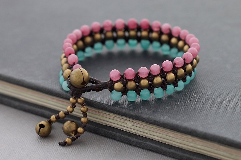 Pink Stone Woven Bracelets Row Wristband Sweet Pastel Braided - Bracelets - Stone Pink