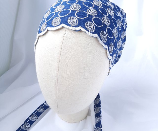 ブルー刺繍ポルカドットバンダナハット - ショップ rosebud98