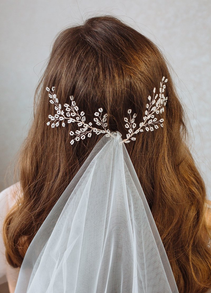 雙串珠銀髮藤 - 新娘發片白色 - 串珠頭飾 - 髮夾/髮飾 - 水晶 白色